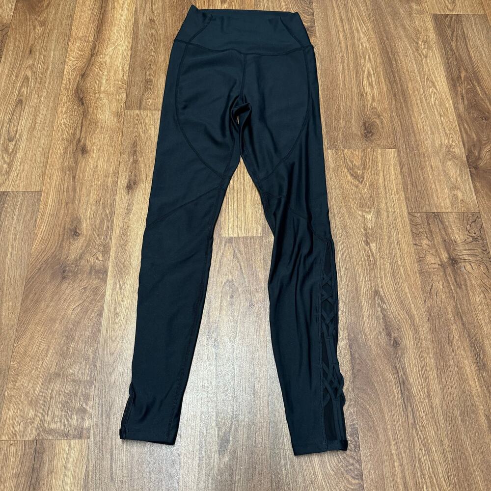 Carbon38 Women Solid Black Lace up Mesh Panel High Waist Yoga Leggings Small